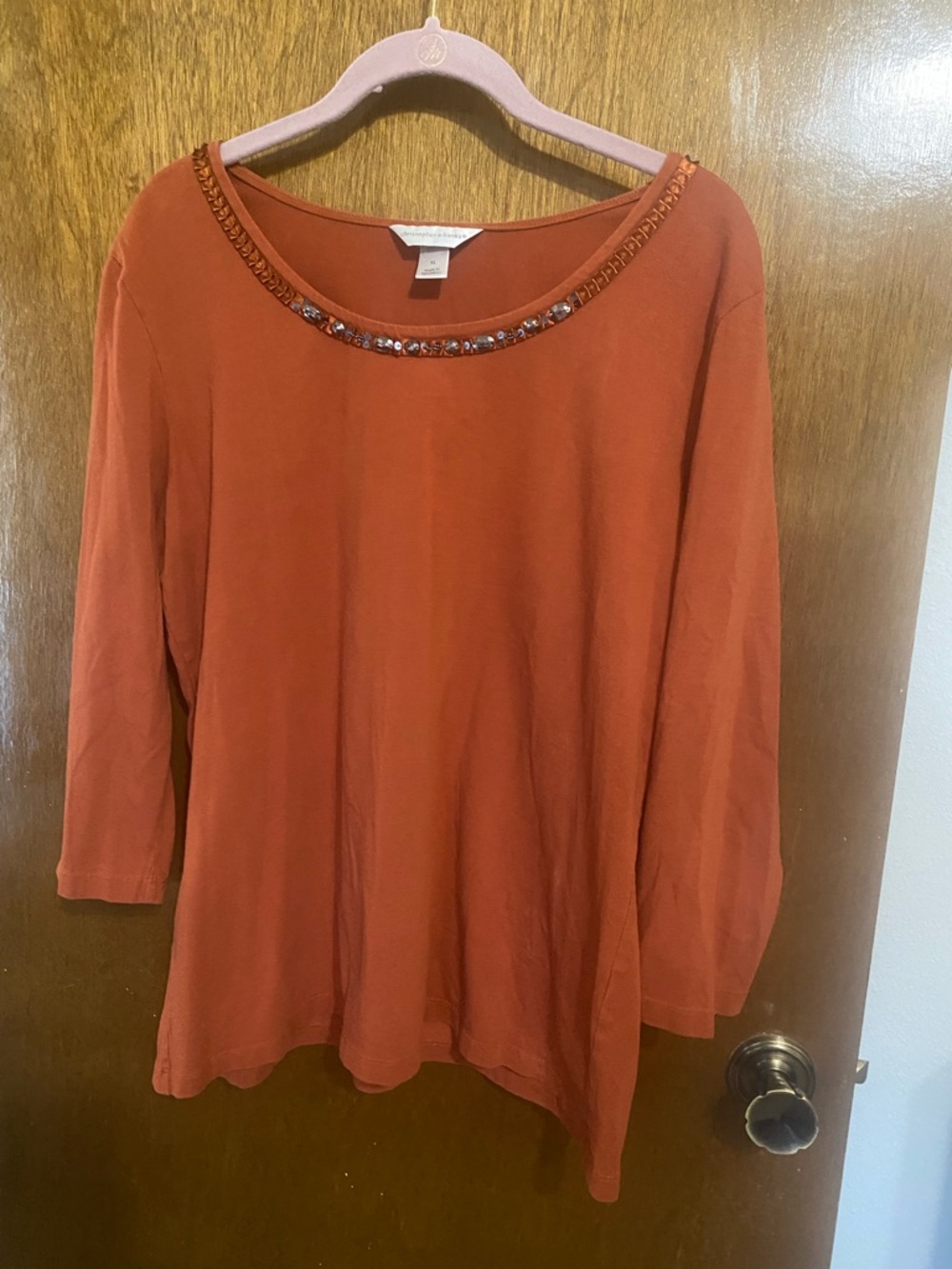 Christopher & Banks Rust Orange 3/4 Sleeve Scoop Neck Top with Beaded Trim